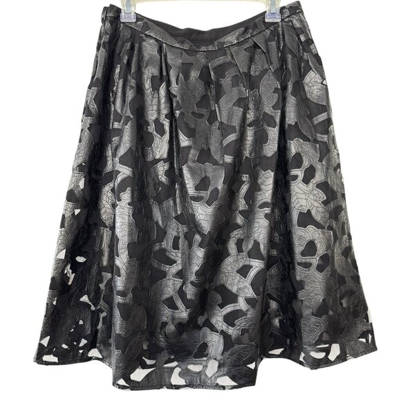 Michael Kors Black Faux‎ Leather A-Line Midi Skirt Mesh Sheer Floral Cutout 10 - Picture 1 of 10
